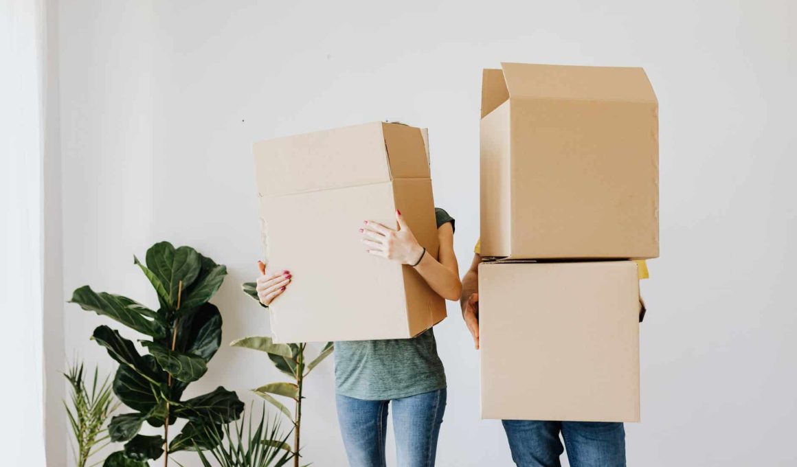 couple carrying cardboard boxes in living room